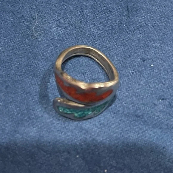 Silver Zuni Native artisan inlaid turquoise coral adjustable pinky ring Vintage